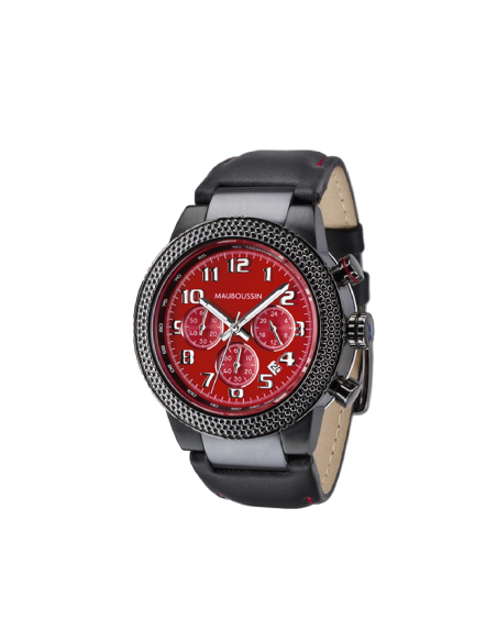 Montre First Day Watch, chronographe, quartz, acier, bracelet cuir, cadran rouge, compteurs rouges